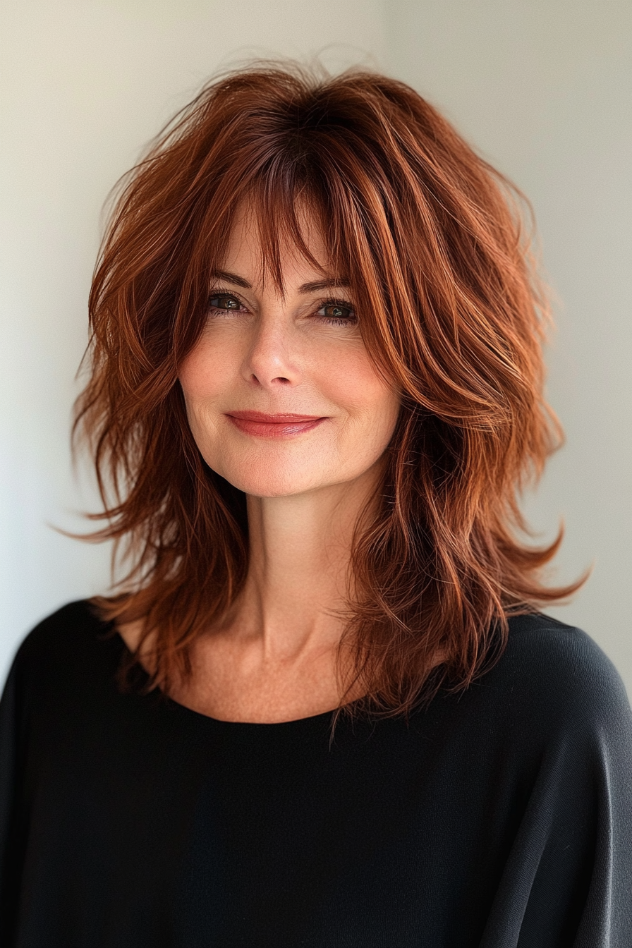 21. Textured Shag with Copper Brown (Shoulder Length Hairstyles For Women Over 50) - Shoulder Length Hairstyles For Women Over 50