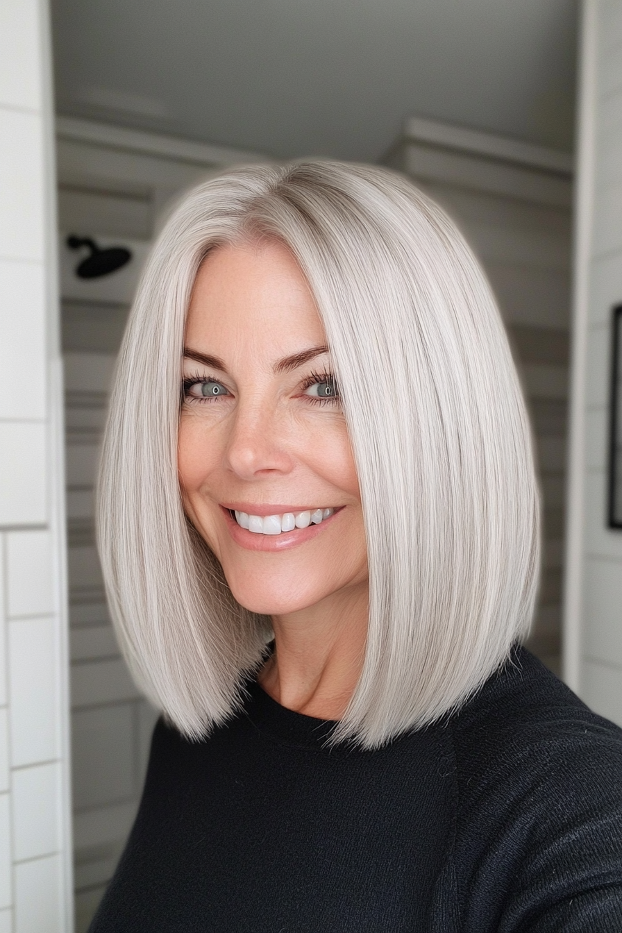 24. Blunt Cut with Icy Blonde (Shoulder Length Hairstyles For Women Over 50) - Shoulder Length Hairstyles For Women Over 50