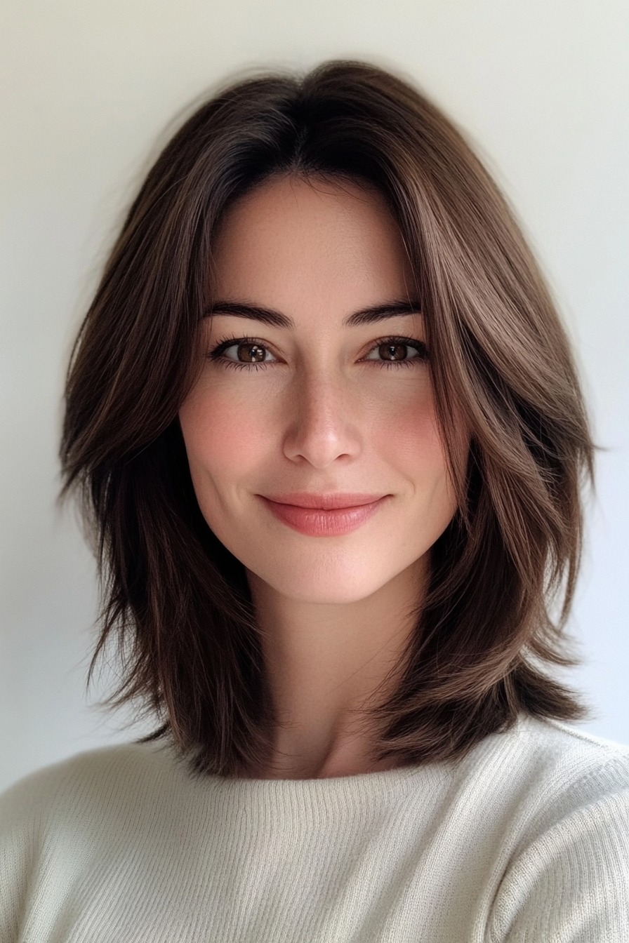 1. Classic Layered Bob with Soft Brunette Highlights (Mid Length Layered Hairstyles) - Mid Length Layered Hairstyles
