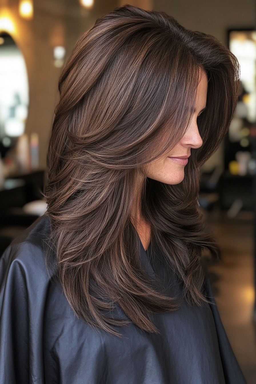 2. Feathered Layers with Dark Chocolate Brown (Mid Length Layered Hairstyles) - Mid Length Layered Hairstyles