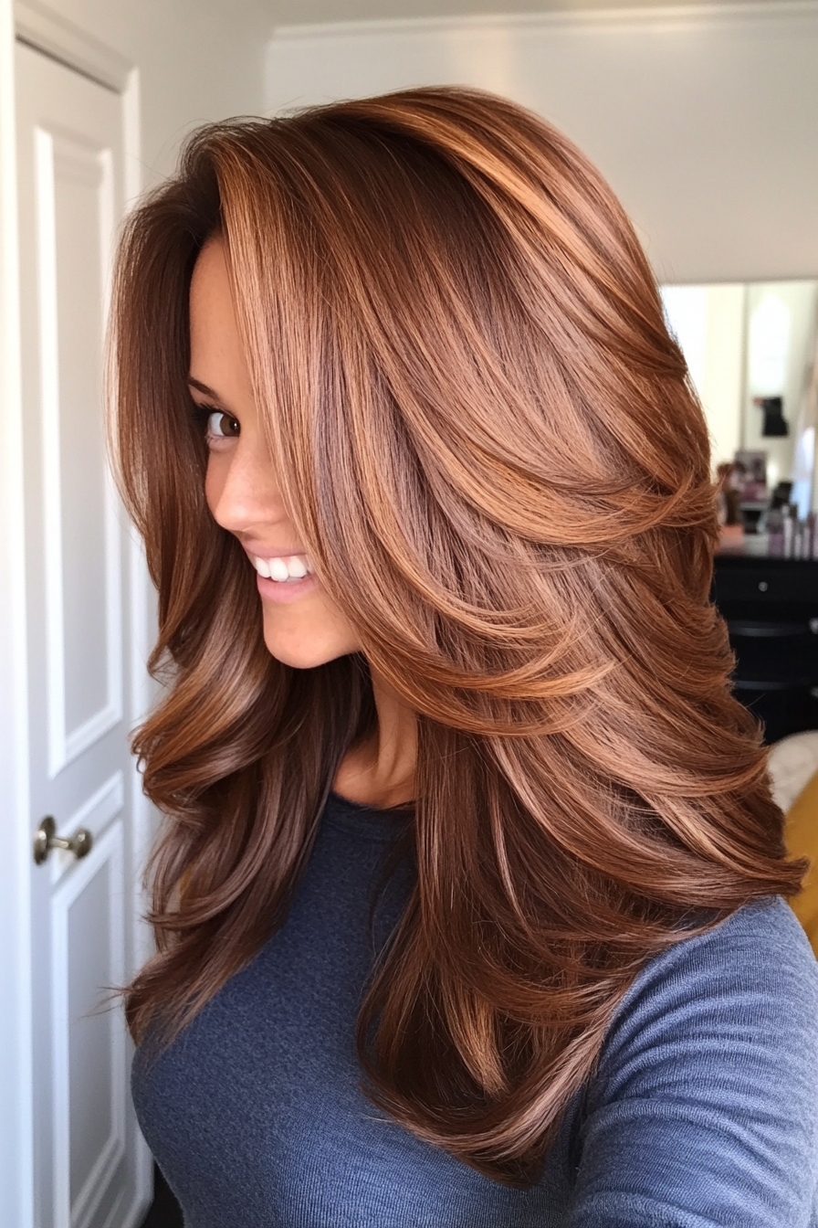 3. Curtain Layers with Warm Chestnut Tones (Mid Length Layered Hairstyles) - Mid Length Layered Hairstyles