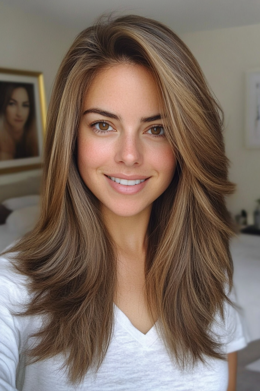 6. Long Graduated Layers with Soft Ash Brown (Mid Length Layered Hairstyles) - Mid Length Layered Hairstyles