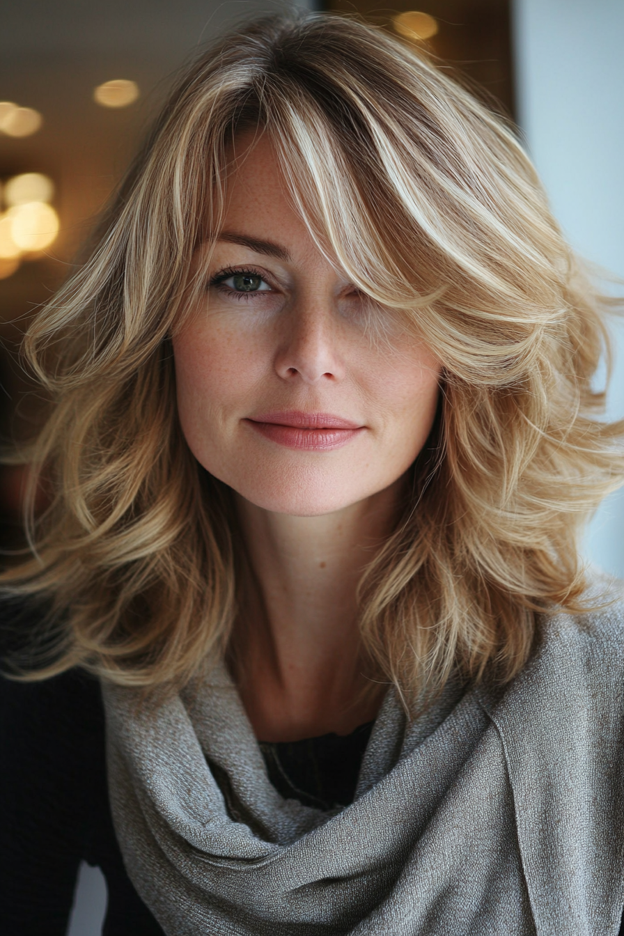 7. Face-Framing Layers with Sandy Blonde Highlights (Mid Length Layered Hairstyles) - Mid Length Layered Hairstyles