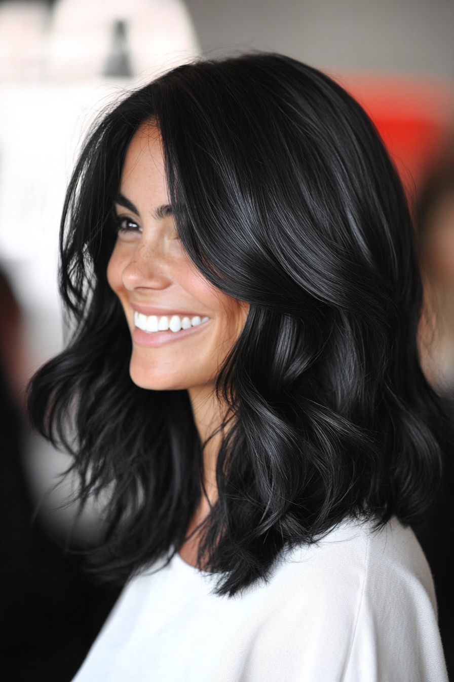 10. Wavy Layers with Natural Black Shine (Mid Length Layered Hairstyles) - Mid Length Layered Hairstyles