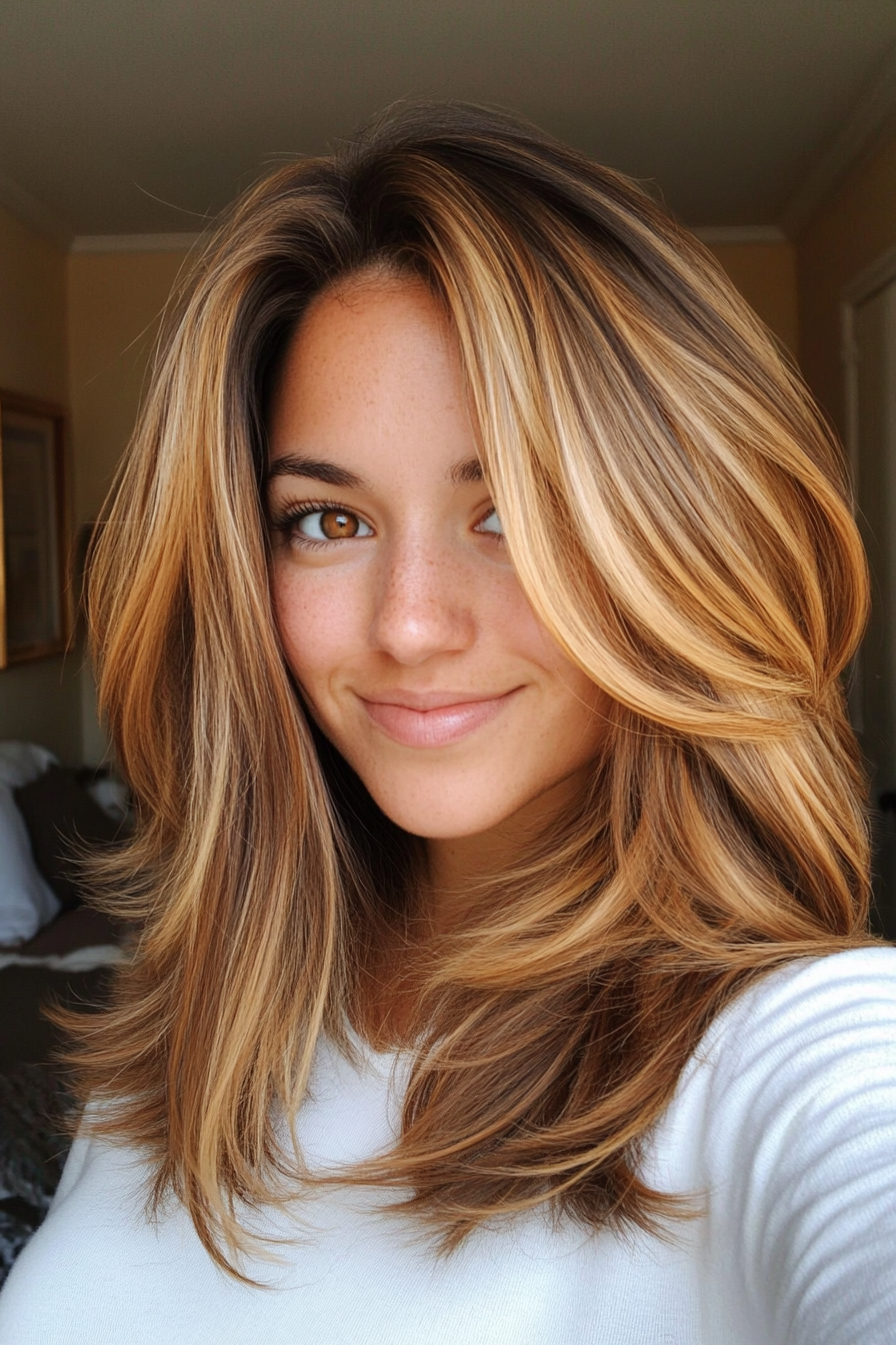12. Sliced Layers with Golden Brown Dimension (Mid Length Layered Hairstyles) - Mid Length Layered Hairstyles