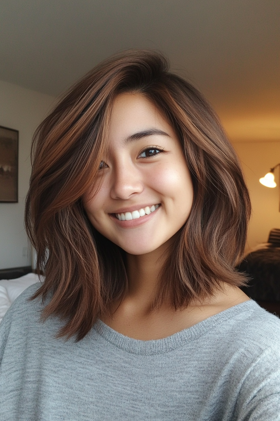 13. Choppy Shoulder Cut with Maple Brown Lowlights (Mid Length Layered Hairstyles) - Mid Length Layered Hairstyles