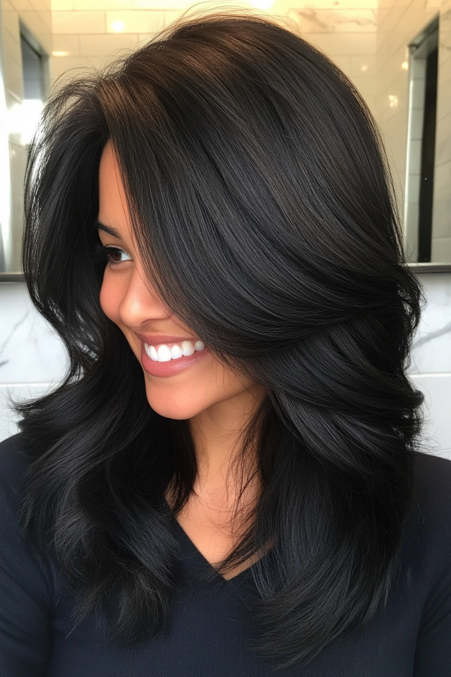 15. Blended Layers with Jet Black Finish (Mid Length Layered Hairstyles) - Mid Length Layered Hairstyles