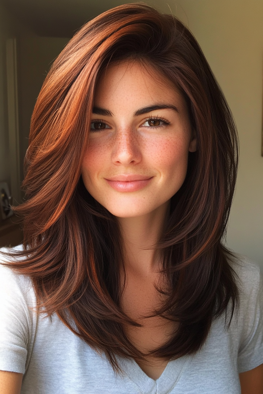 16. Layered V-Cut with Rich Auburn Accents (Mid Length Layered Hairstyles) - Mid Length Layered Hairstyles