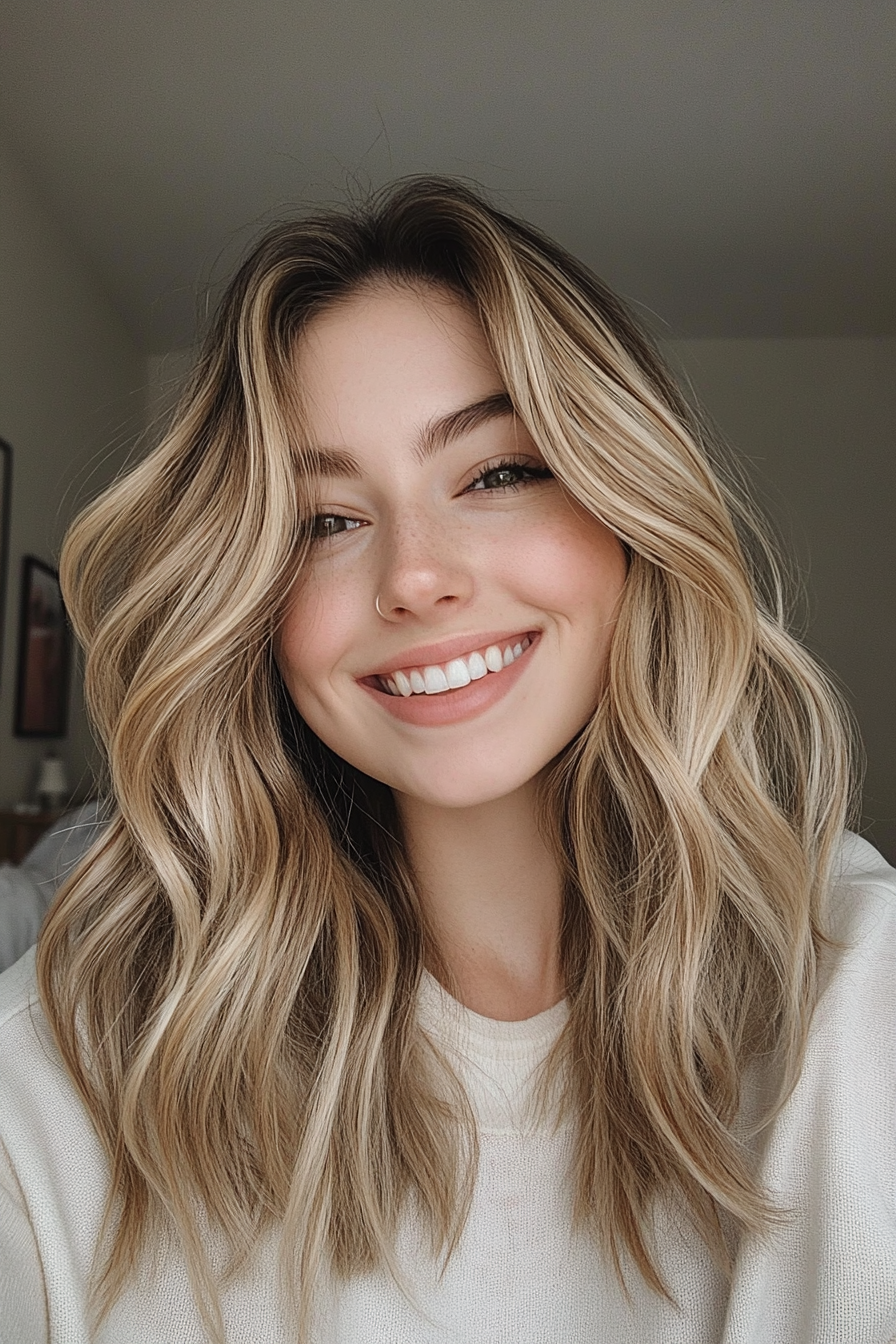 17. Tousled Layers with Dark Blonde Undertones (Mid Length Layered Hairstyles) - Mid Length Layered Hairstyles