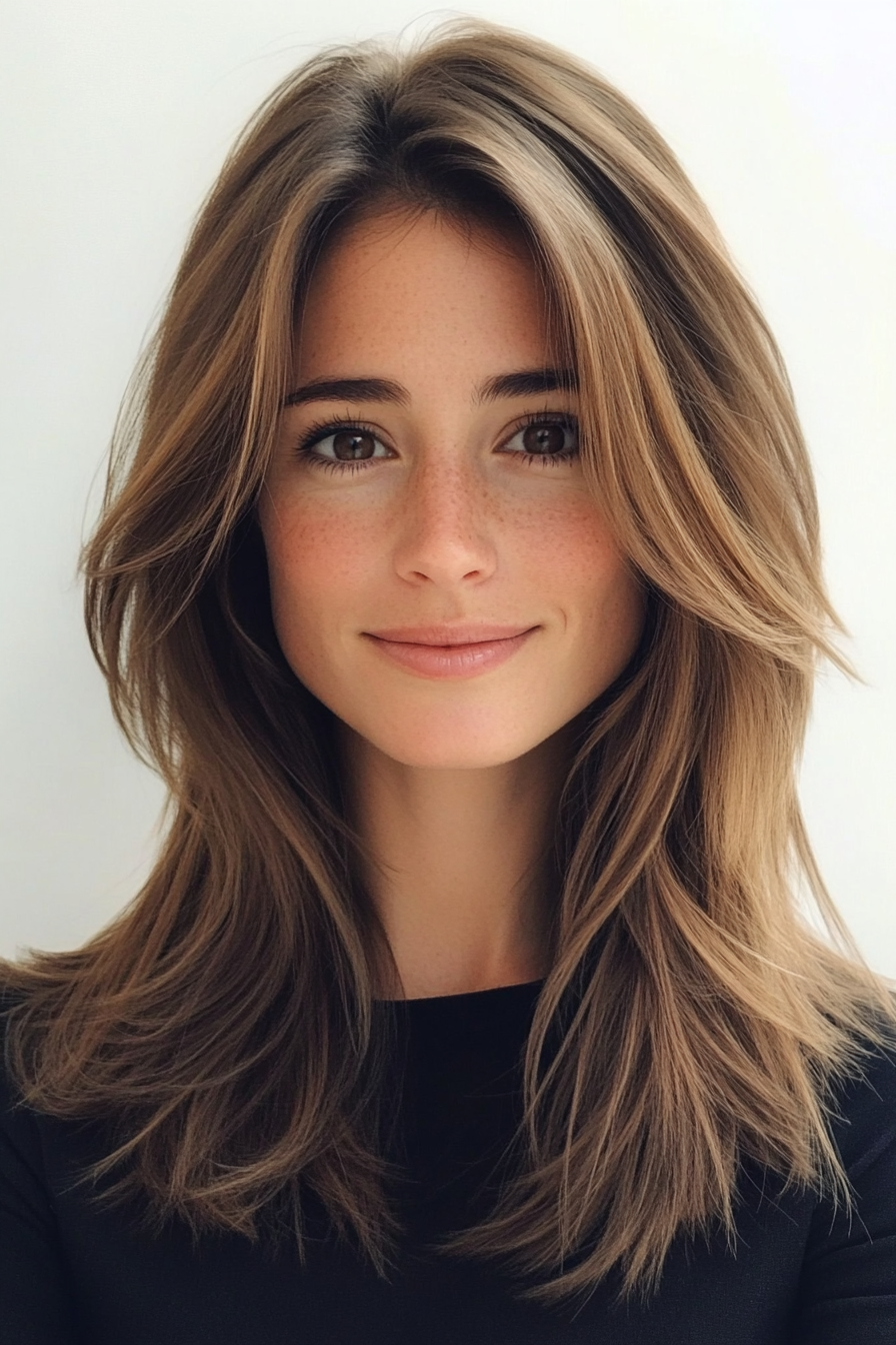 18. Subtle Layering with Classic Brown Base (Mid Length Layered Hairstyles) - Mid Length Layered Hairstyles