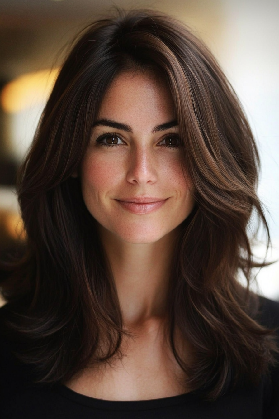 23. Rounded Layers with Earthy Dark Brown Tones (Mid Length Layered Hairstyles) - Mid Length Layered Hairstyles