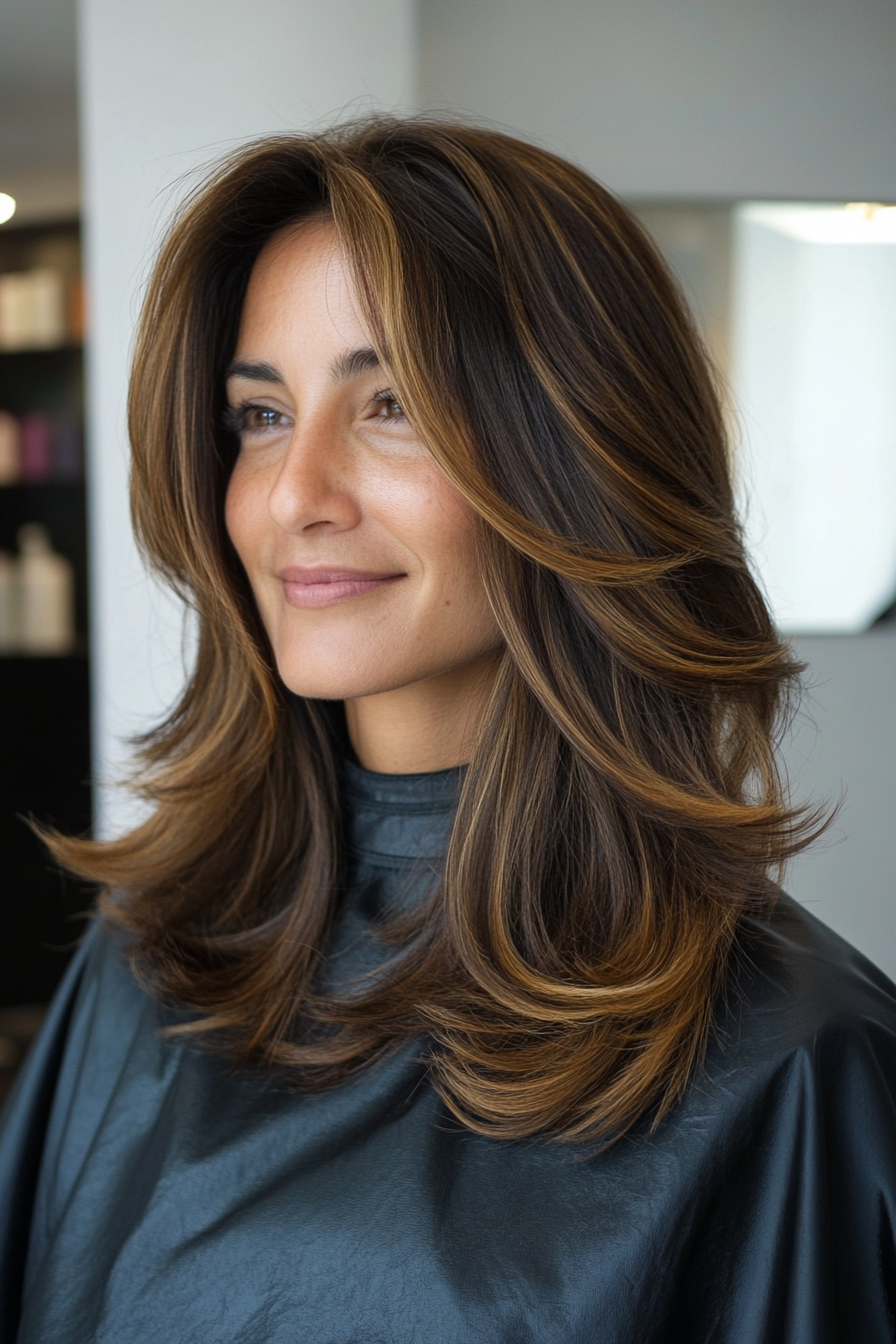 25. Side-Swept Layers with Bronze Brown Highlights (Mid Length Layered Hairstyles) - Mid Length Layered Hairstyles