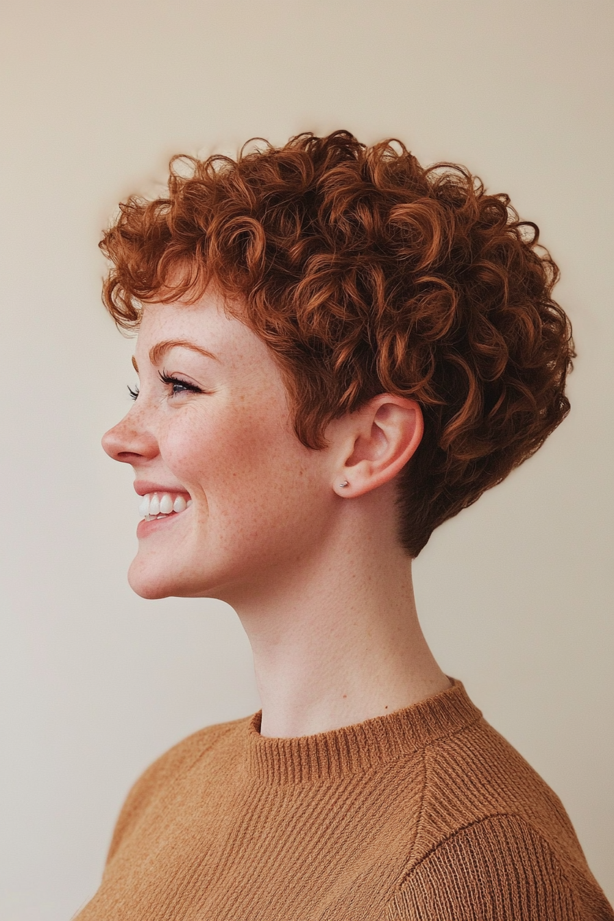 18. Earthy Chestnut Curly Pixie (Funky Short Haircuts) - Funky Short Haircuts