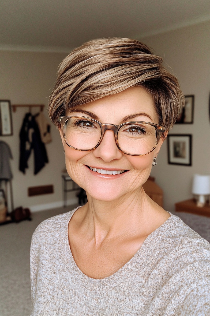 1. Classic Pixie with Warm Brown Highlights (Short Hairstyles For Women Over 60 With Glasses) - Short Hairstyles For Women Over 60 With Glasses
