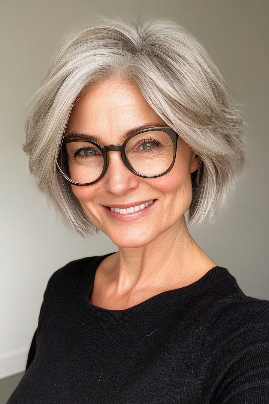 2. Layered Bob in Salt-and-Pepper (Short Hairstyles For Women Over 60 With Glasses) - Short Hairstyles For Women Over 60 With Glasses
