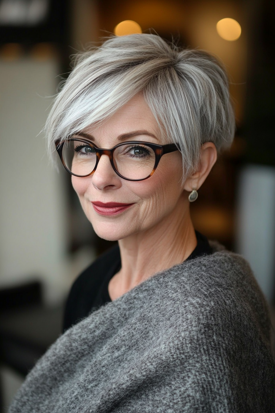 4. Side-Swept Pixie in Ash Gray (Short Hairstyles For Women Over 60 With Glasses) - Short Hairstyles For Women Over 60 With Glasses