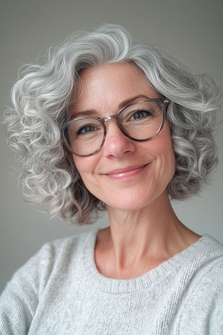 5. Curly Bob with Silver Accents (Short Hairstyles For Women Over 60 With Glasses) - Short Hairstyles For Women Over 60 With Glasses