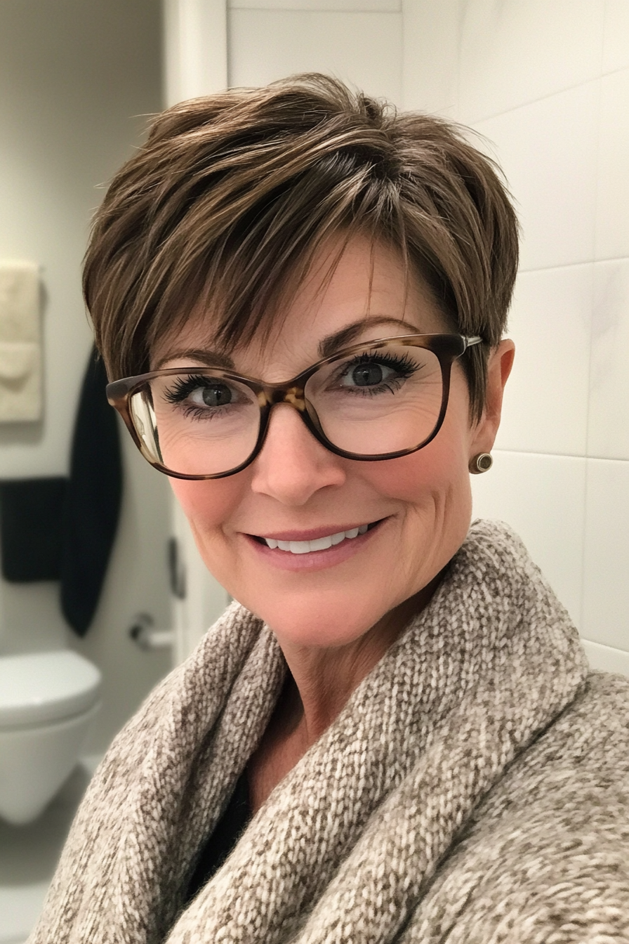 6. Feathered Layers with Dark Chestnut Brown (Short Hairstyles For Women Over 60 With Glasses) - Short Hairstyles For Women Over 60 With Glasses