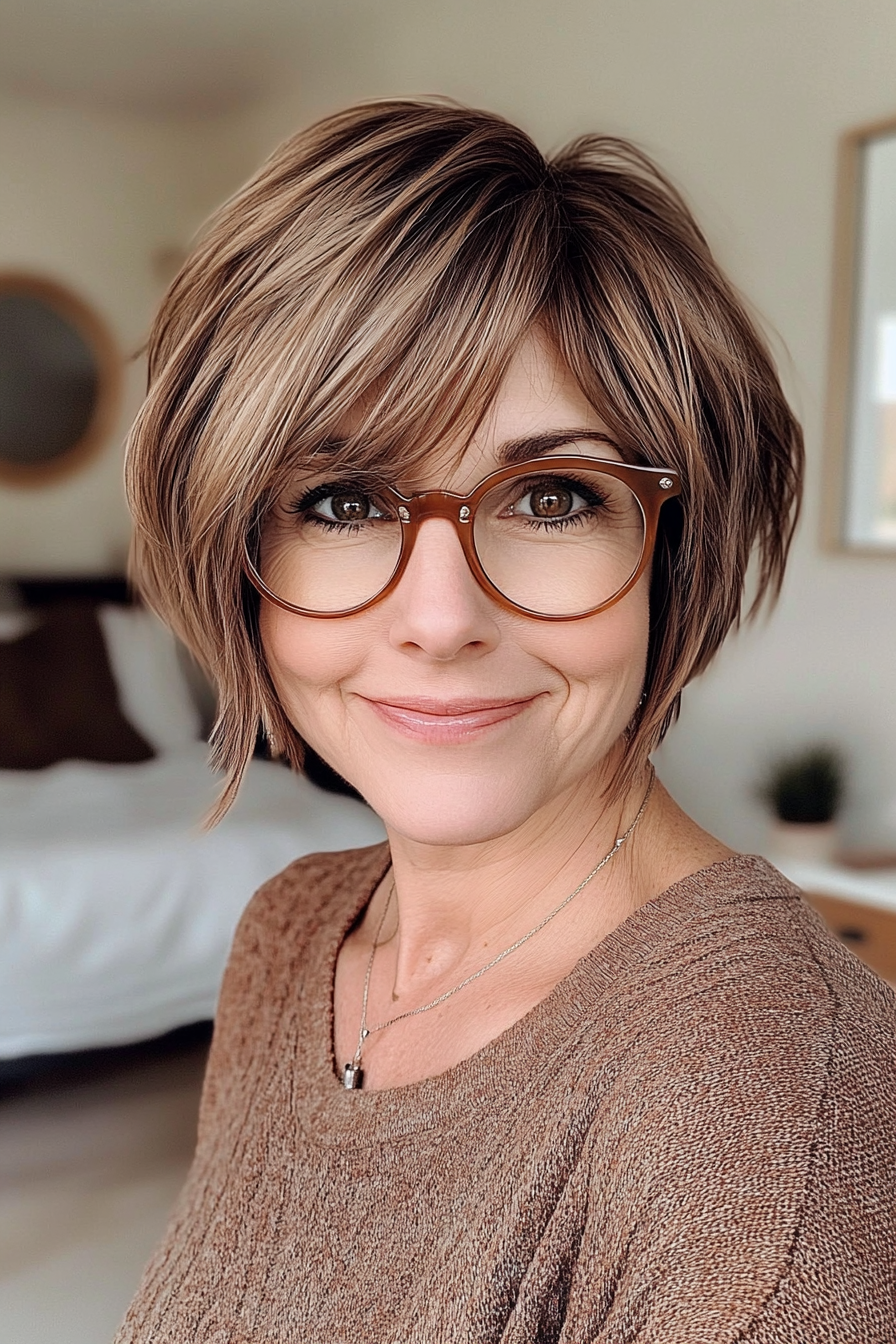 10. Choppy Layers in Caramel Brown (Short Hairstyles For Women Over 60 With Glasses) - Short Hairstyles For Women Over 60 With Glasses
