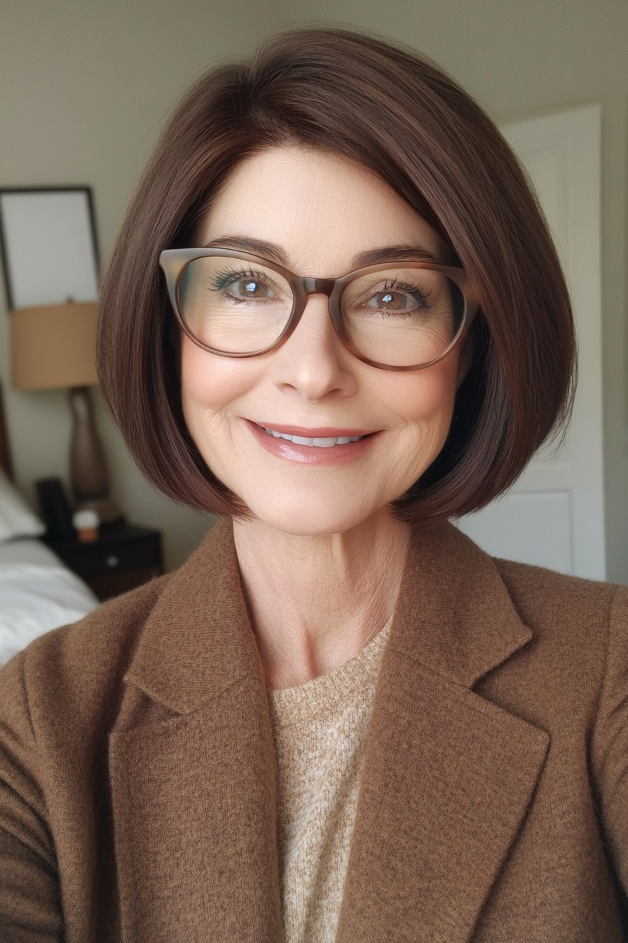 13. Short French Bob in Dark Mahogany (Short Hairstyles For Women Over 60 With Glasses) - Short Hairstyles For Women Over 60 With Glasses
