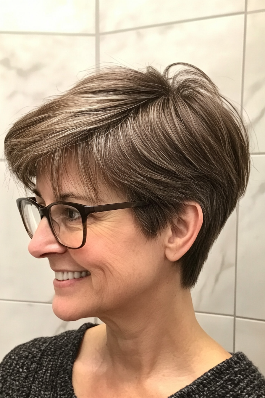 14. Short Layered Cut in Ash Brown (Short Hairstyles For Women Over 60 With Glasses) - Short Hairstyles For Women Over 60 With Glasses