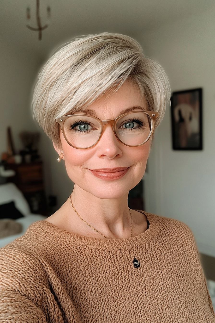 15. Pixie Cut with Long Bangs in Warm Gold (Short Hairstyles For Women Over 60 With Glasses) - Short Hairstyles For Women Over 60 With Glasses