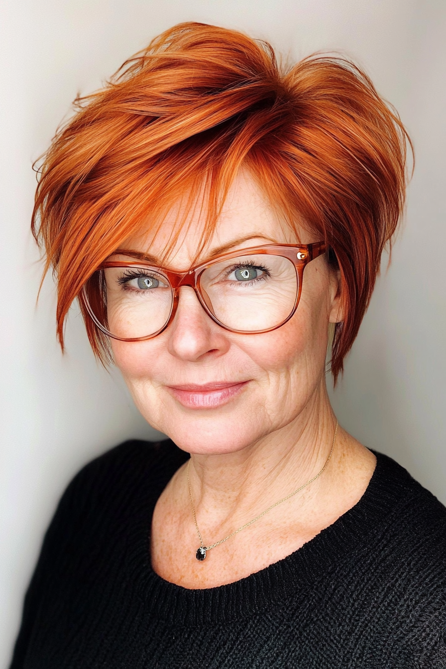 19. Stacked Layers in Copper Red (Short Hairstyles For Women Over 60 With Glasses) - Short Hairstyles For Women Over 60 With Glasses