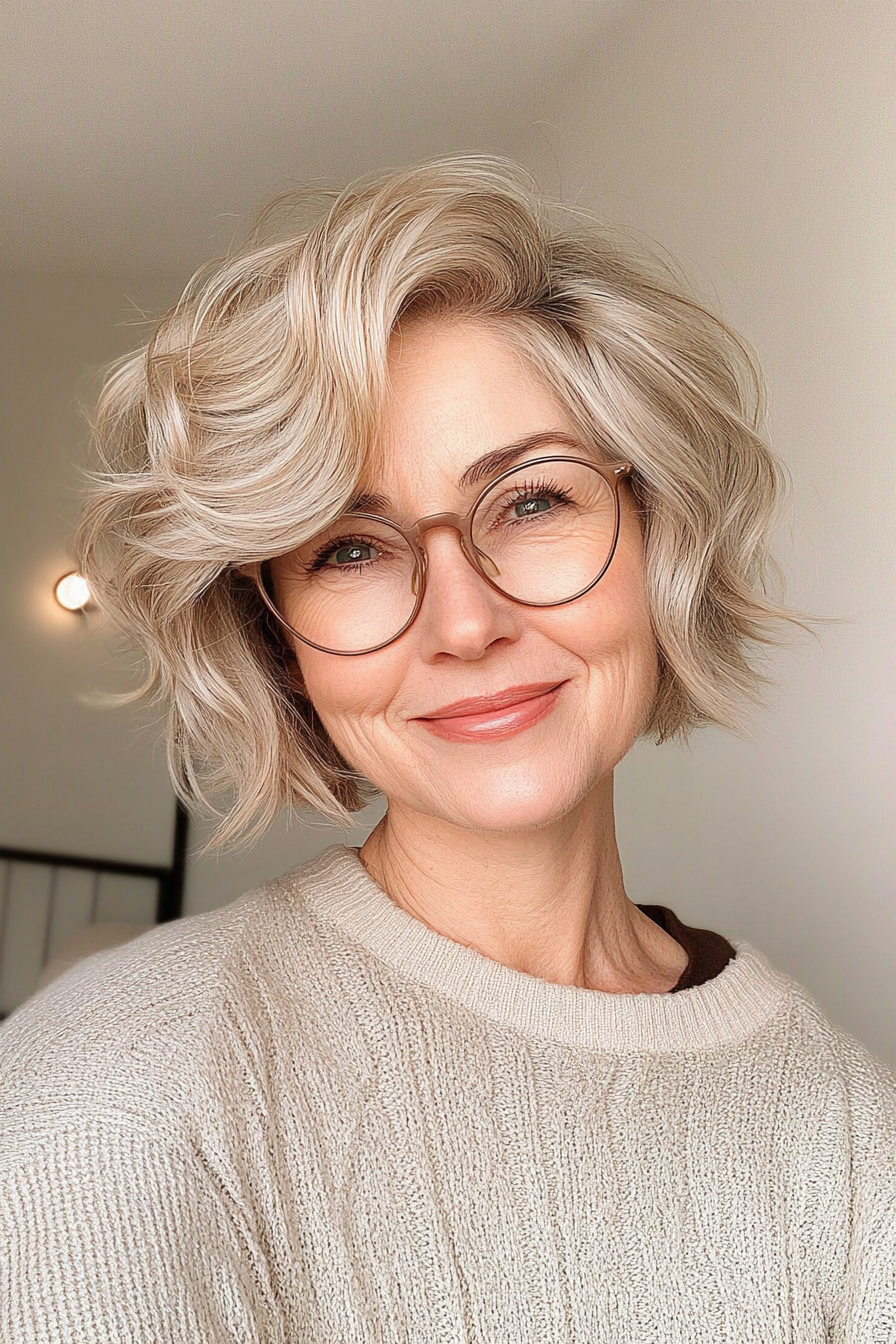 21. Wavy Short Cut in Soft Beige Blonde (Short Hairstyles For Women Over 60 With Glasses) - Short Hairstyles For Women Over 60 With Glasses