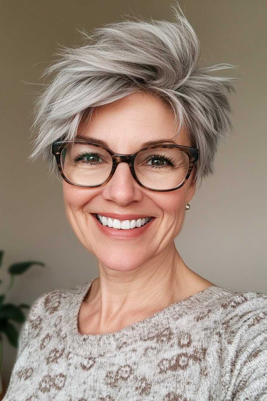 23. Shaggy Pixie in Light Gray (Short Hairstyles For Women Over 60 With Glasses) - Short Hairstyles For Women Over 60 With Glasses