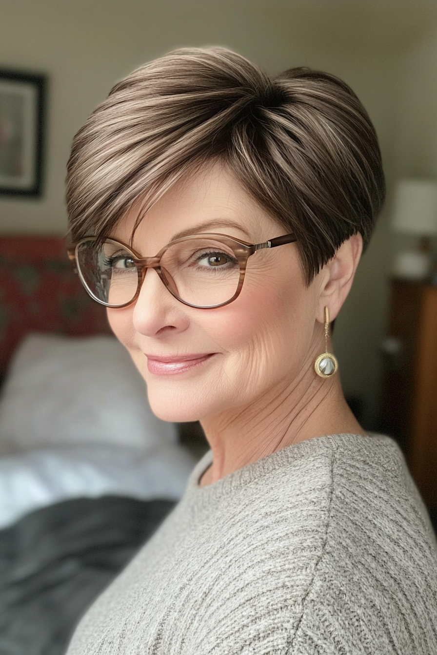 24. Short Razor Cut in Soft Brunette (Short Hairstyles For Women Over 60 With Glasses) - Short Hairstyles For Women Over 60 With Glasses