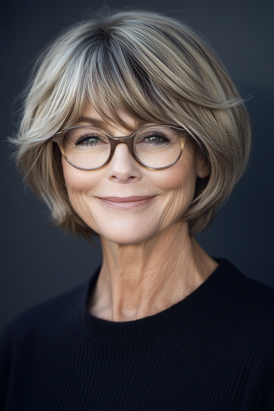 25. Bob with Wispy Bangs in Sandy Brown (Short Hairstyles For Women Over 60 With Glasses) - Short Hairstyles For Women Over 60 With Glasses