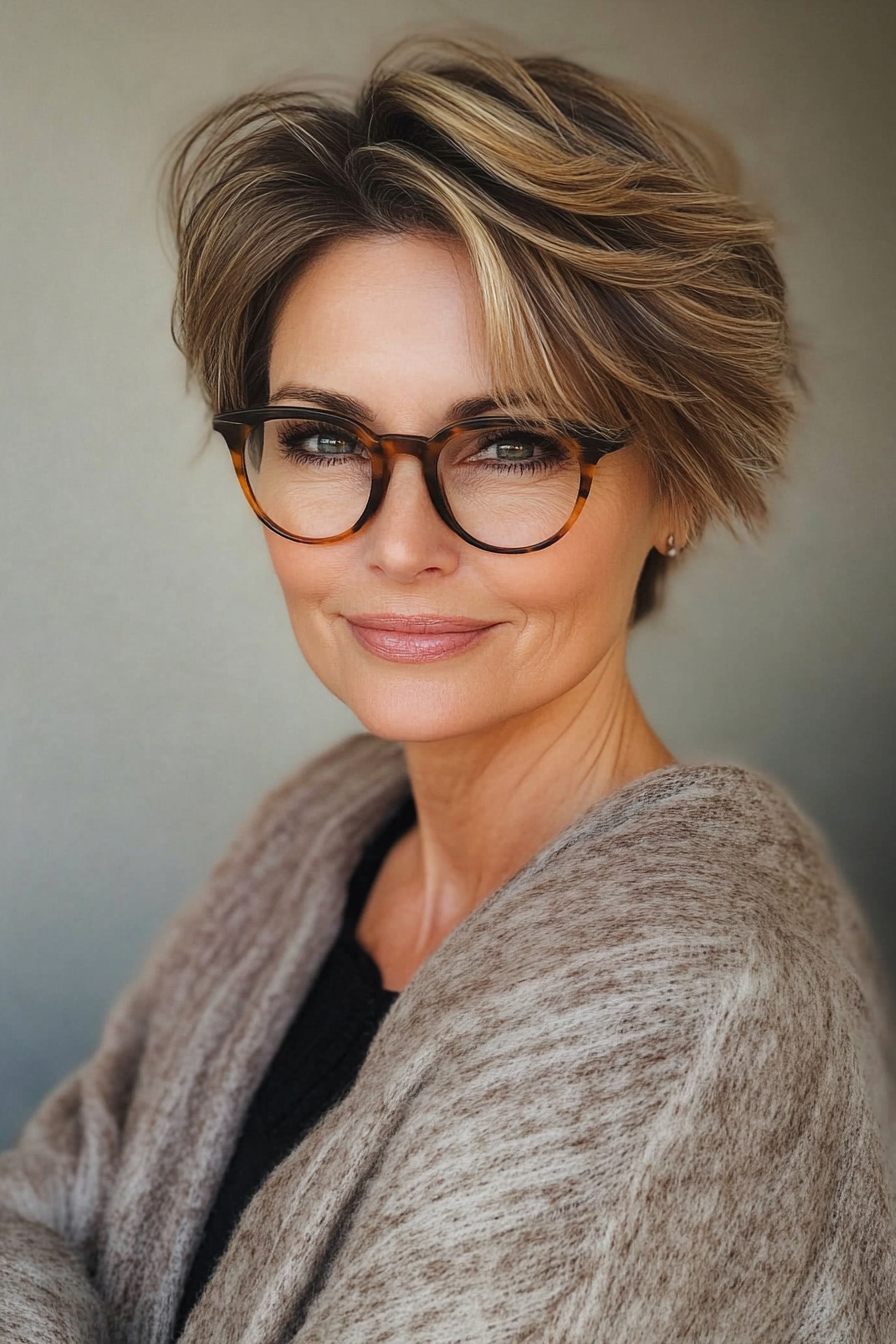 26. Textured Layers with Dark Honey Brown (Short Hairstyles For Women Over 60 With Glasses) - Short Hairstyles For Women Over 60 With Glasses