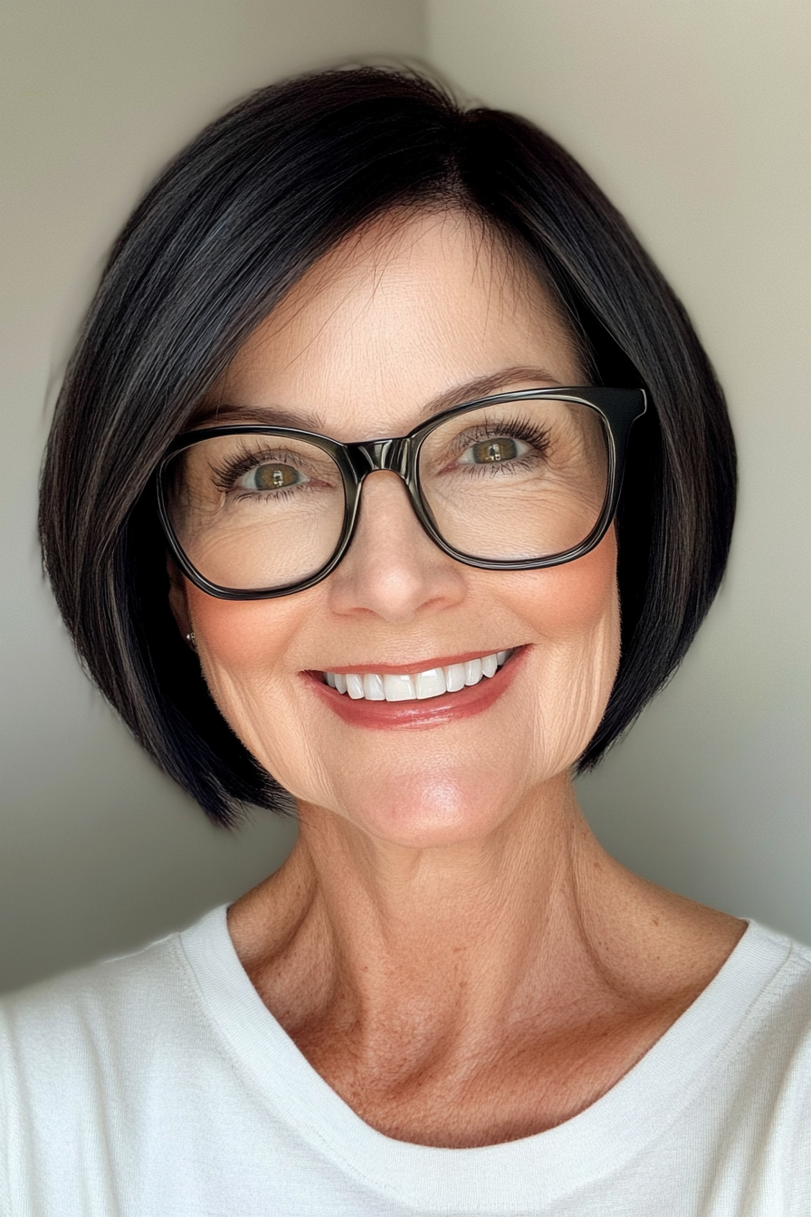 27. Chin-Length Bob in Jet Black (Short Hairstyles For Women Over 60 With Glasses) - Short Hairstyles For Women Over 60 With Glasses