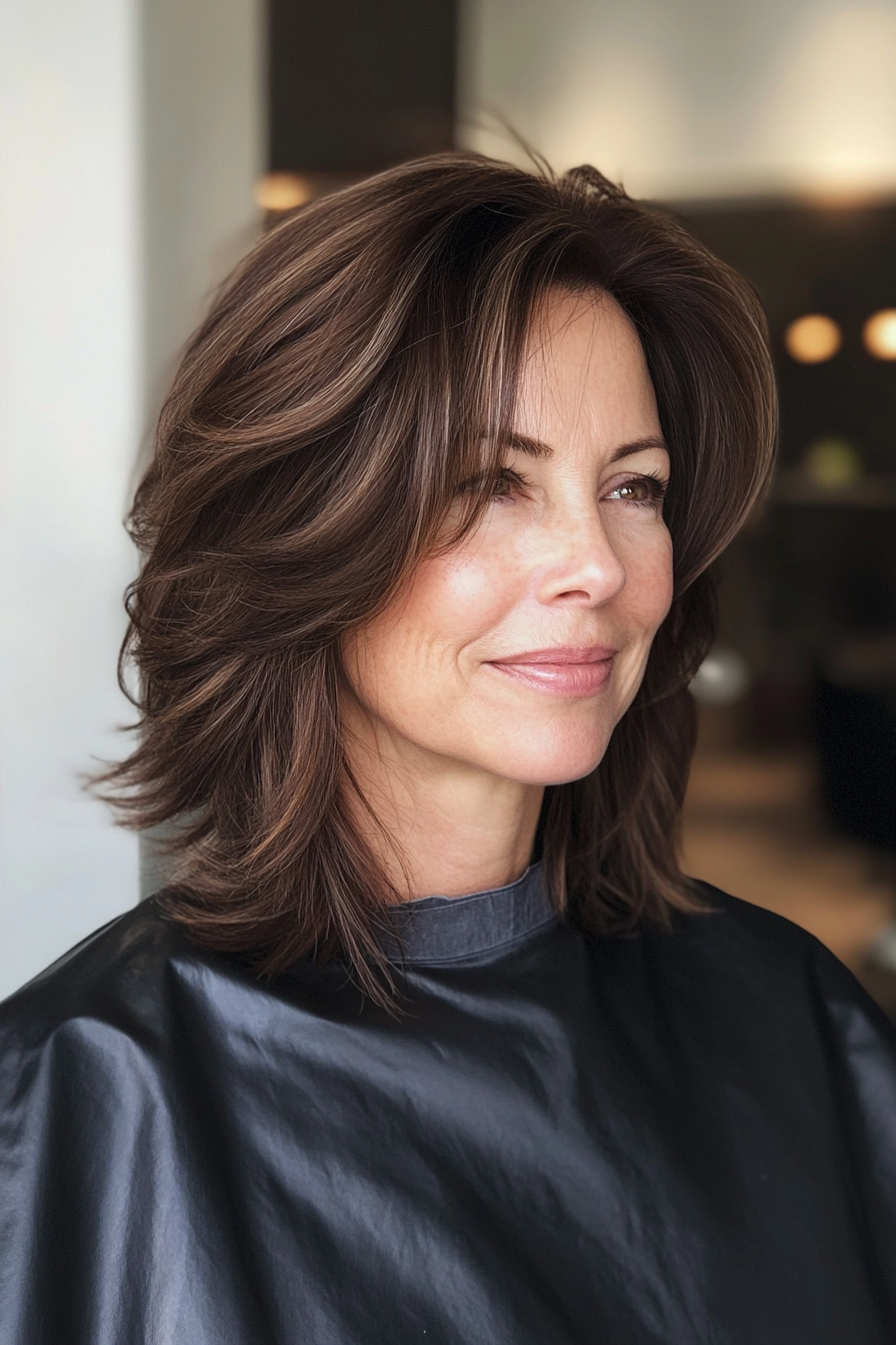 1. Classic Layered Shag with Soft Brunette Highlights (Shag Haircuts For Women Over 50) - Shag Haircuts For Women Over 50