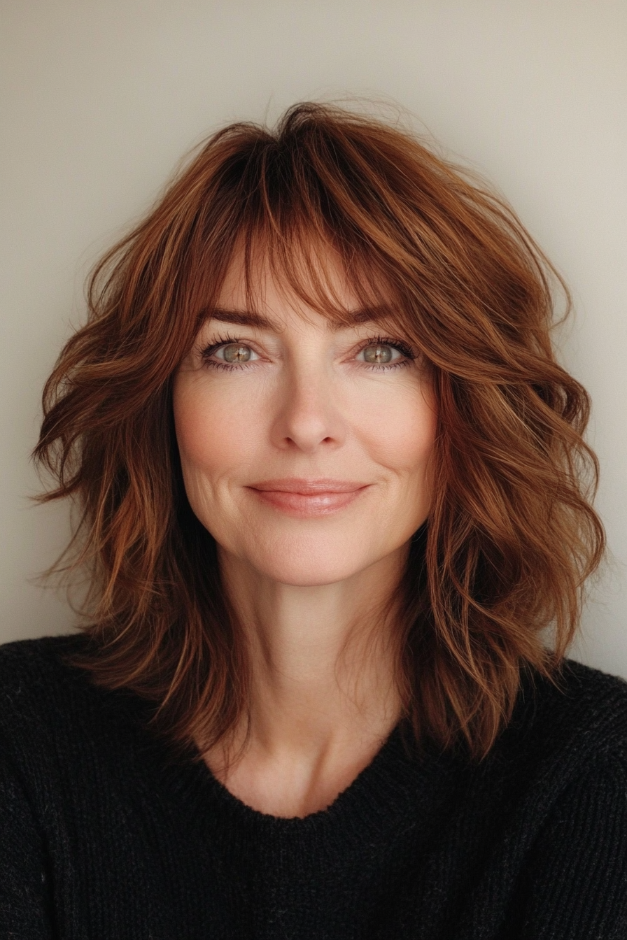2. Shoulder-Grazing Shag with Warm Chestnut Tones (Shag Haircuts For Women Over 50) - Shag Haircuts For Women Over 50