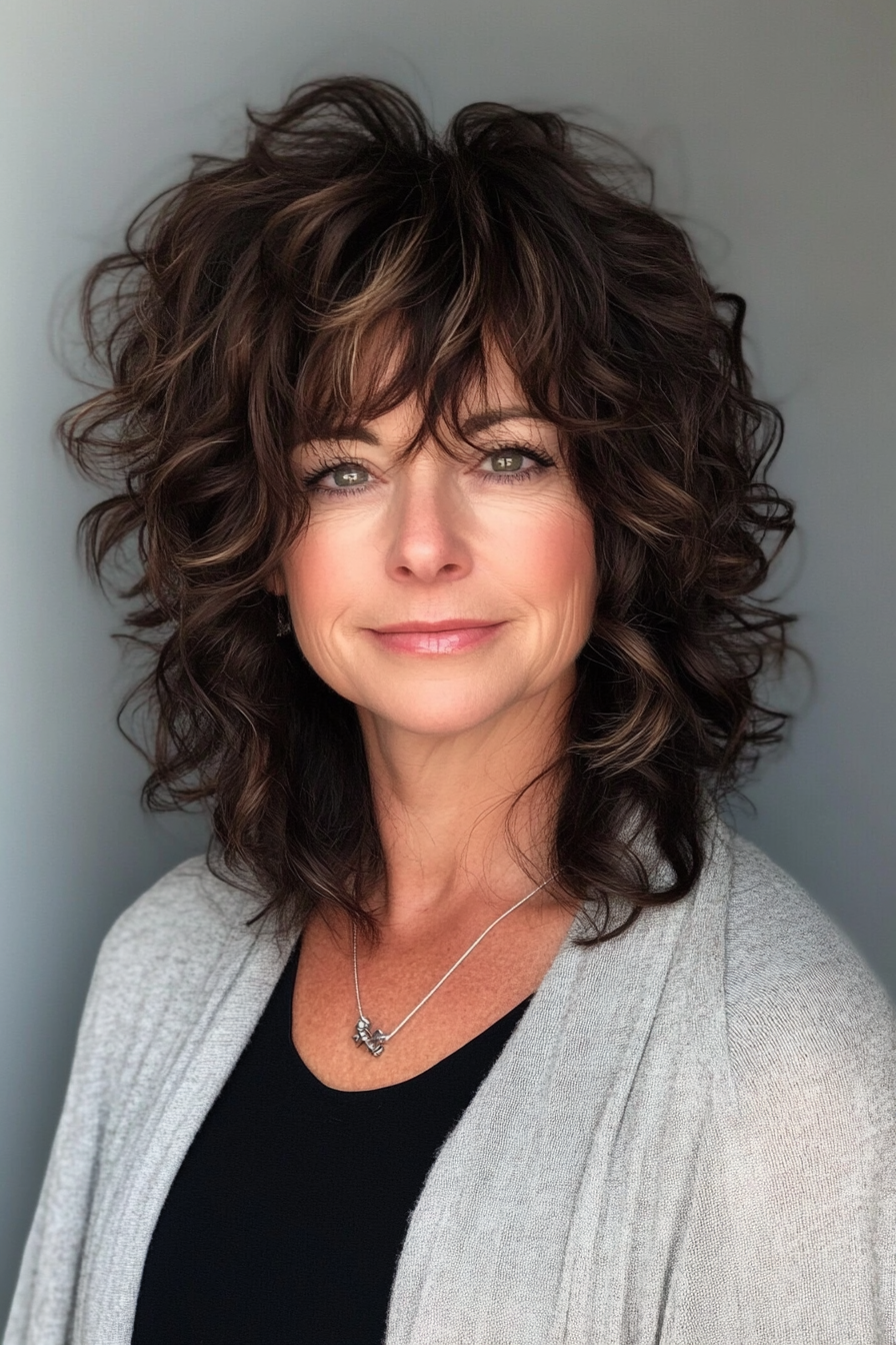3. Curly Shag with Deep Espresso Base (Shag Haircuts For Women Over 50) - Shag Haircuts For Women Over 50