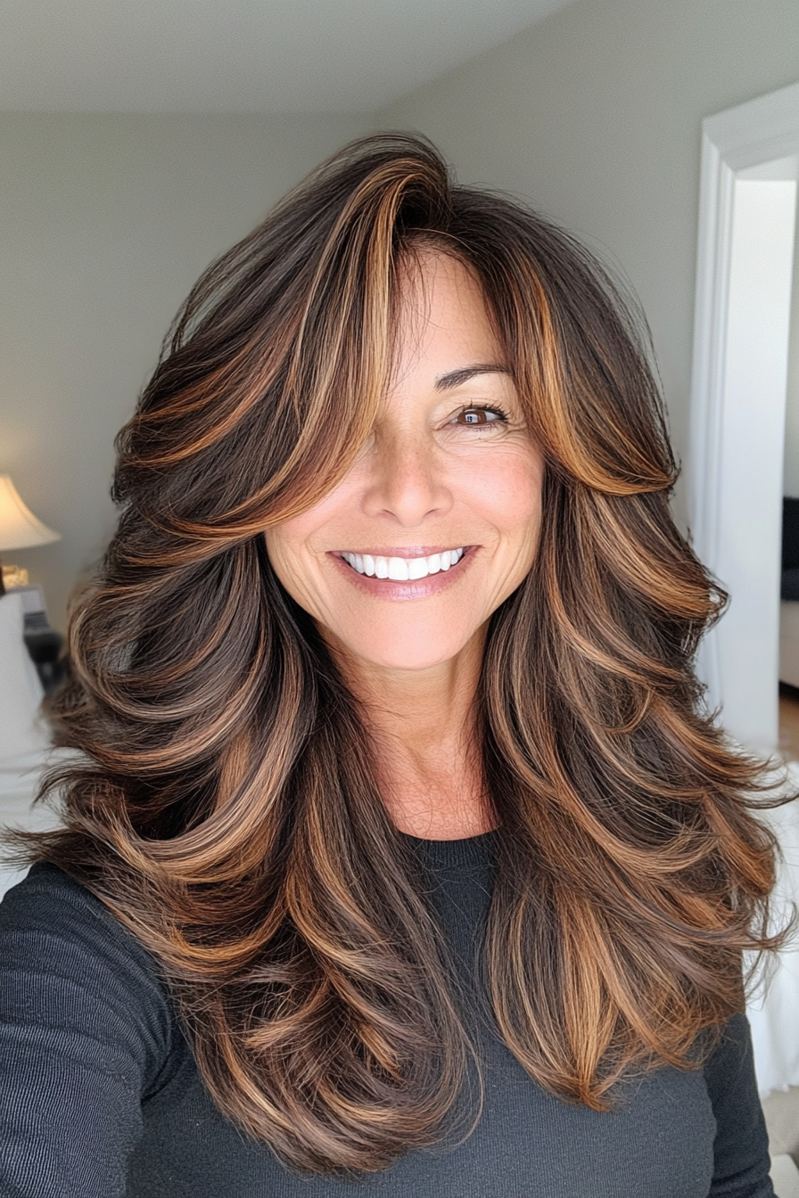 5. Long Shag with Caramel Balayage (Shag Haircuts For Women Over 50) - Shag Haircuts For Women Over 50