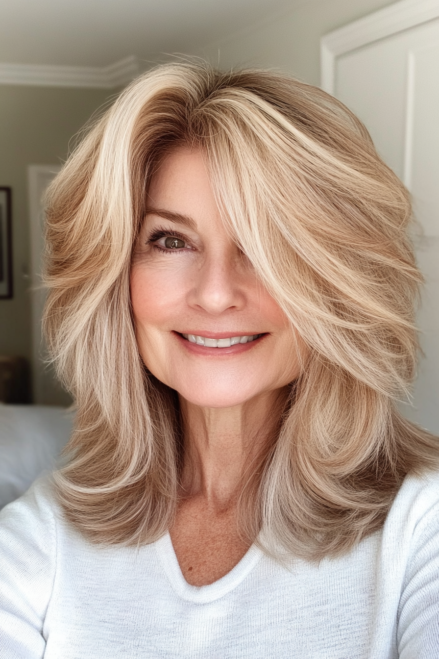 7. Feathered Shag with Honey Blonde Highlights (Shag Haircuts For Women Over 50) - Shag Haircuts For Women Over 50