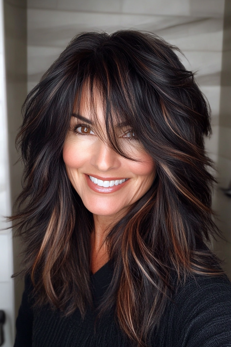 13. Layered Shag with Dark Mahogany Undertones (Shag Haircuts For Women Over 50) - Shag Haircuts For Women Over 50