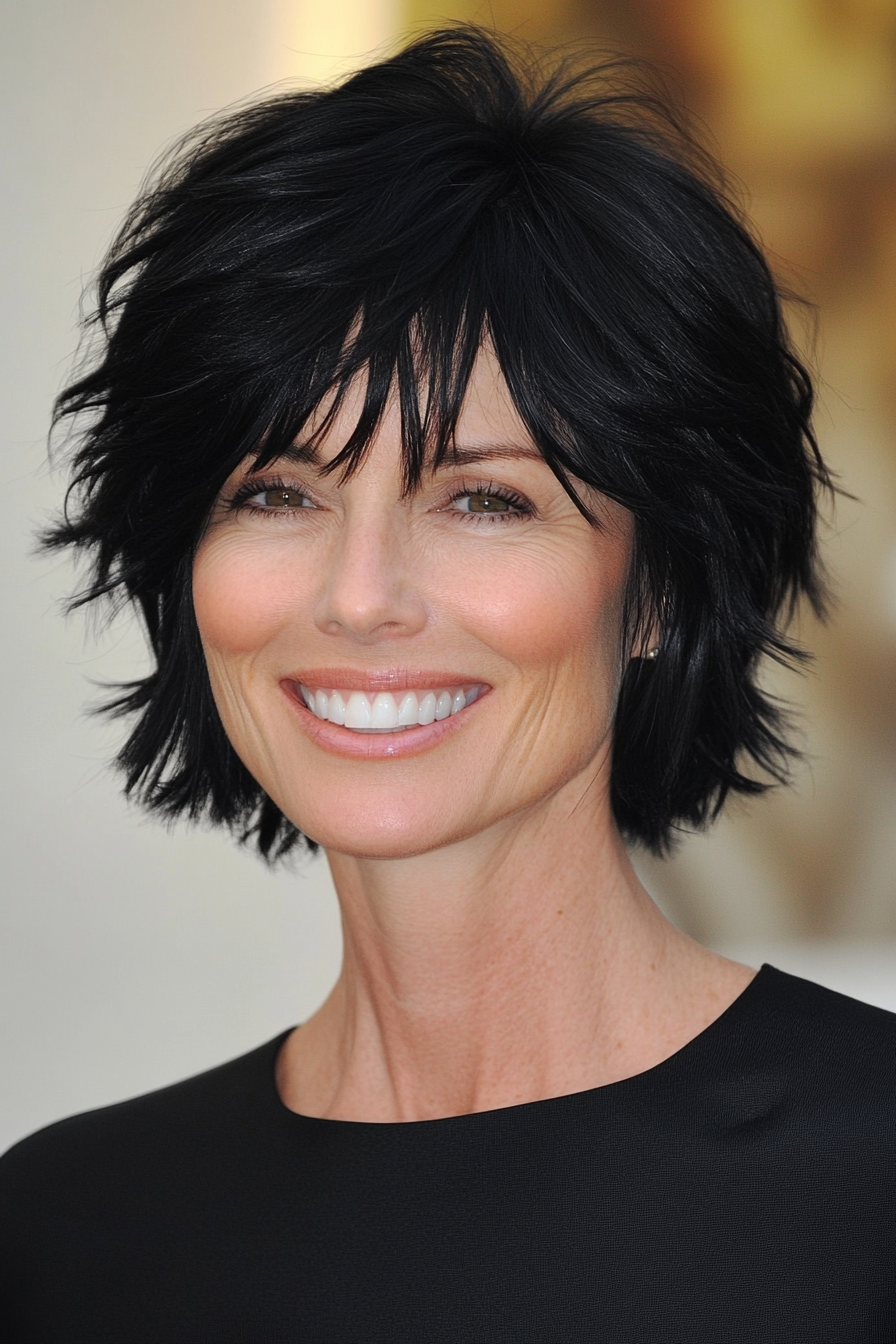 15. Short Shag with Natural Jet Black Shine (Shag Haircuts For Women Over 50) - Shag Haircuts For Women Over 50