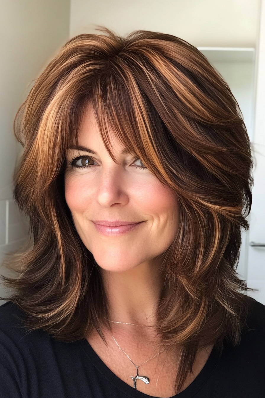 16. Shag with Cinnamon Highlights (Shag Haircuts For Women Over 50) - Shag Haircuts For Women Over 50
