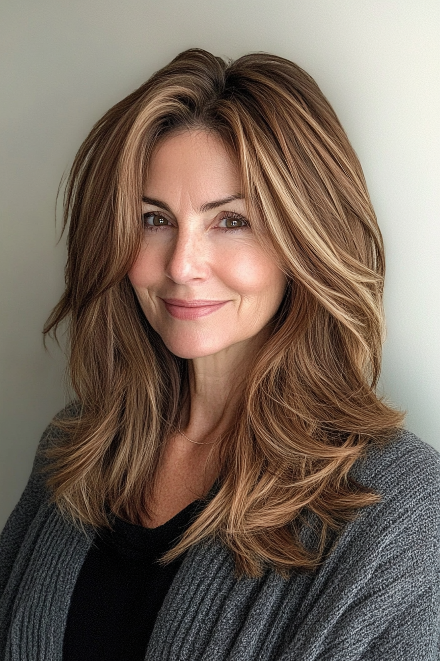 18. Layered Shag with Warm Amber Hues (Shag Haircuts For Women Over 50) - Shag Haircuts For Women Over 50