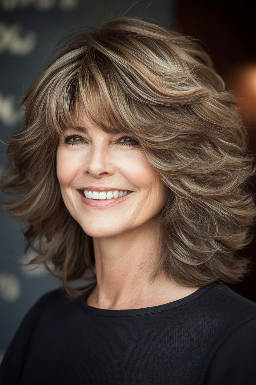 20. Wavy Shag with Neutral Brown Balance (Shag Haircuts For Women Over 50) - Shag Haircuts For Women Over 50
