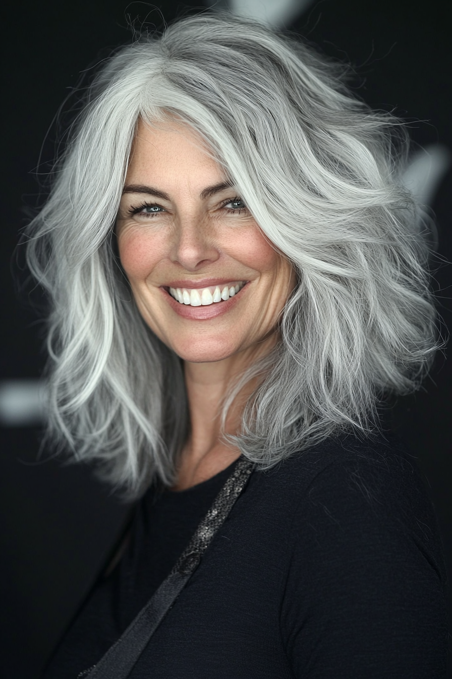 21. Edgy Shag with Silver-Gray Highlights (Shag Haircuts For Women Over 50) - Shag Haircuts For Women Over 50