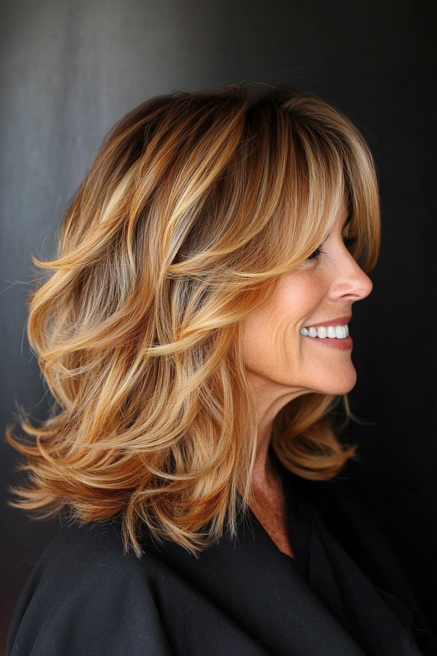 22. Soft Shag with Butterscotch Balayage (Shag Haircuts For Women Over 50) - Shag Haircuts For Women Over 50