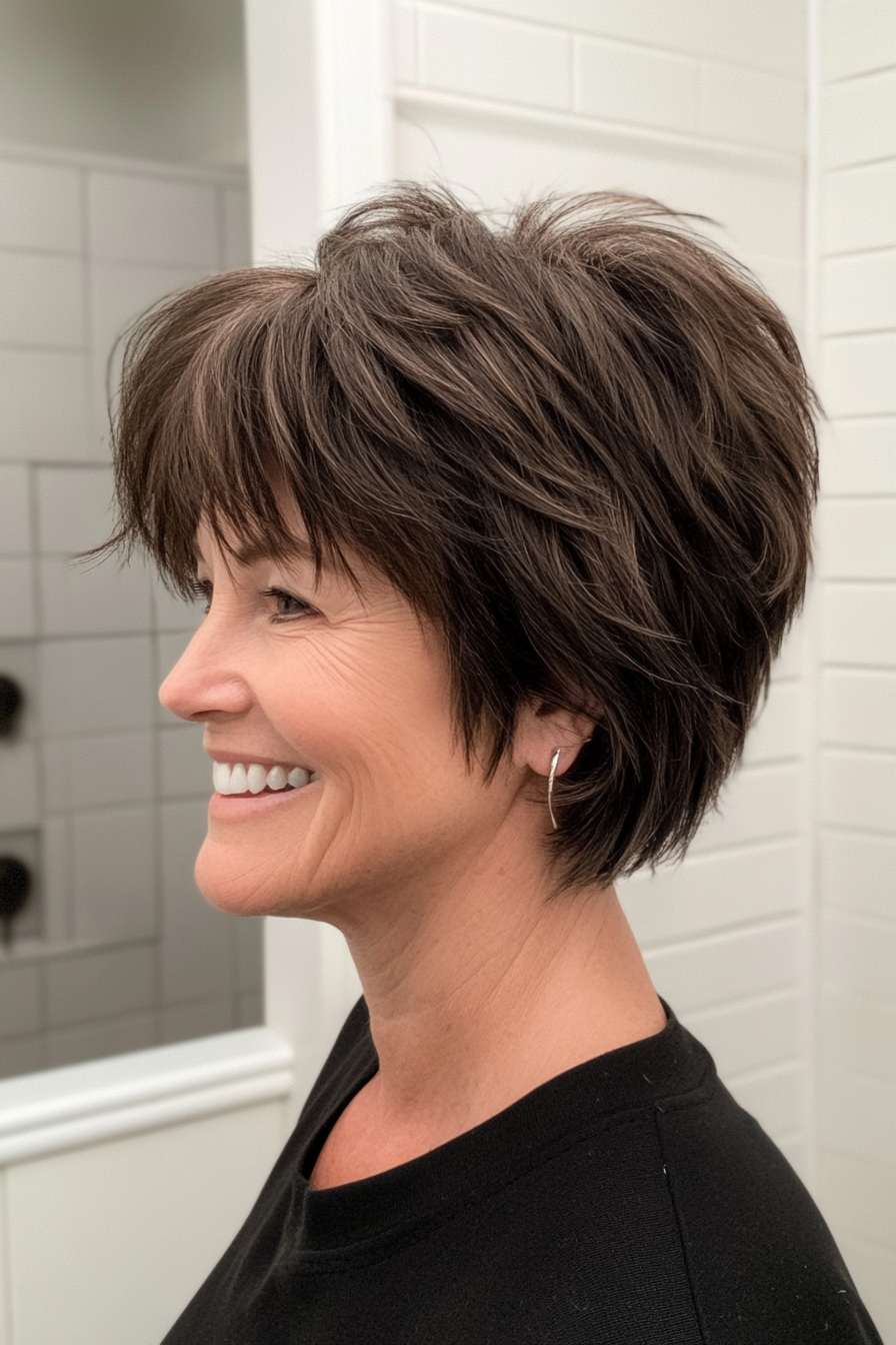 23. Short Crop Shag with Dark Ash Brown Layers (Shag Haircuts For Women Over 50) - Shag Haircuts For Women Over 50