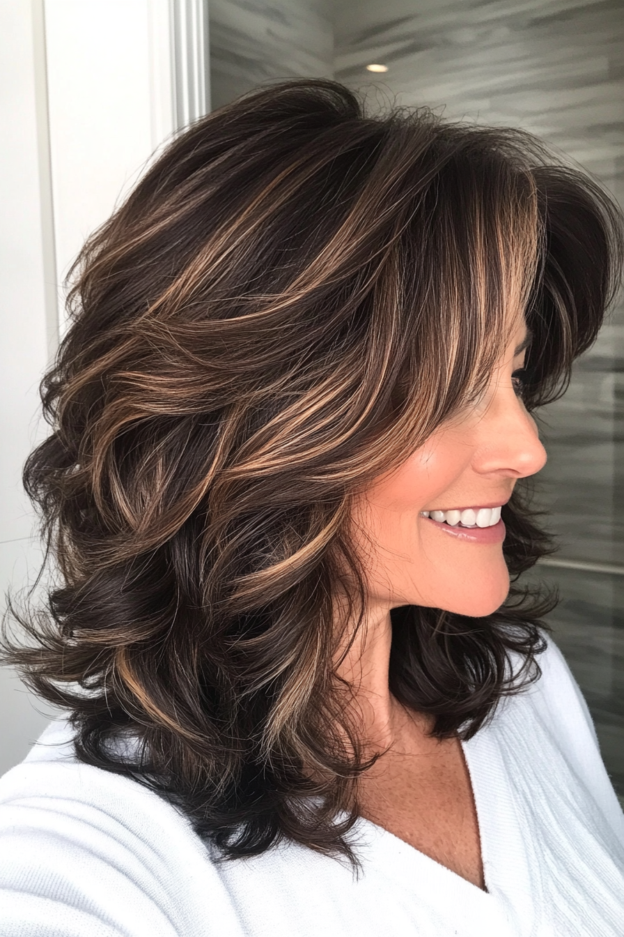 25. Curled Shag with Subtle Mocha Highlights (Shag Haircuts For Women Over 50) - Shag Haircuts For Women Over 50