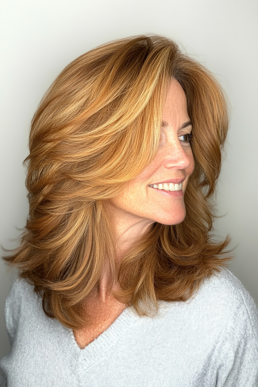 27. Collarbone Shag with Golden Chestnut Layers (Shag Haircuts For Women Over 50) - Shag Haircuts For Women Over 50