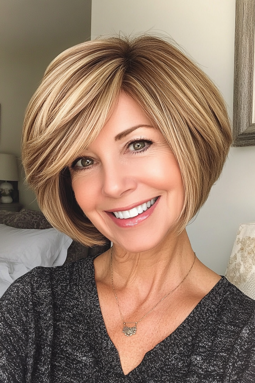 2. Layered Bob with Honey Blonde Hue (Short Hairstyles For Older Women) - Short Hairstyles For Older Women