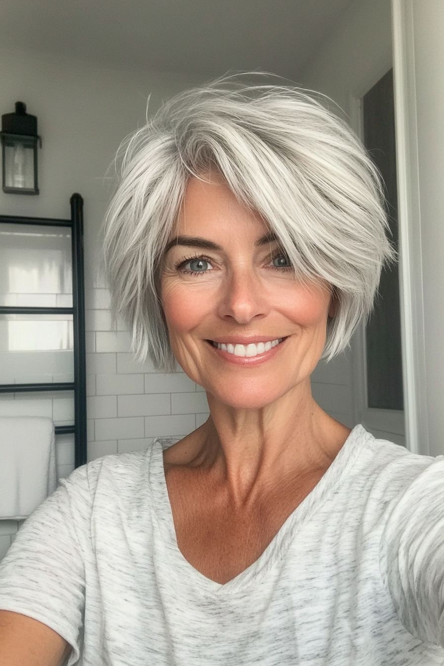 6. Feathered Pixie in Salt-and-Pepper (Short Hairstyles For Older Women) - Short Hairstyles For Older Women